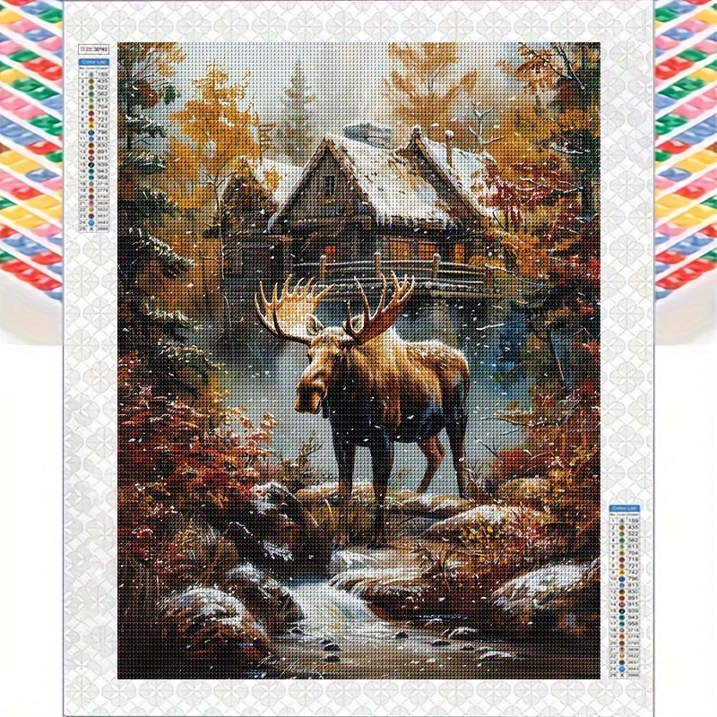 

30x40cm/11.8x15.8in Forest Animal Landscape Diamond Painting Kit - Moose Artwork, Suitable For Beginners, Wall Decor, Oil Canvas, Full Diamond Round Drill, Mosaic Craft, , No Frame Included