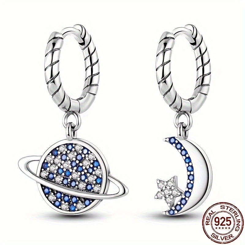 

Elegant 925 Sterling Silver Hoop Earrings With Planet And Moon Charms, Sexy Style, No Plating, Silver Ear Needle, Ideal For Daily And Party Wear, All Seasons - Women's Fashion Jewelry Gift