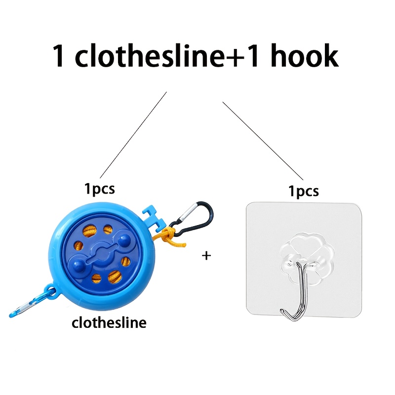 TEMU 2pcs (1 Clothesline And 1 Hook) Outdoor Travel Portable Windproof Non-slip Clothesline For Business Trips, Hotel Indoor Retractable No-drill