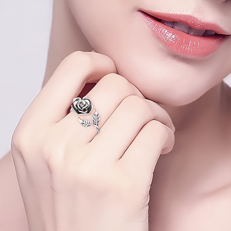 Retro Rose Flower Ring S925 Silver Women's Adjustable Open Ring