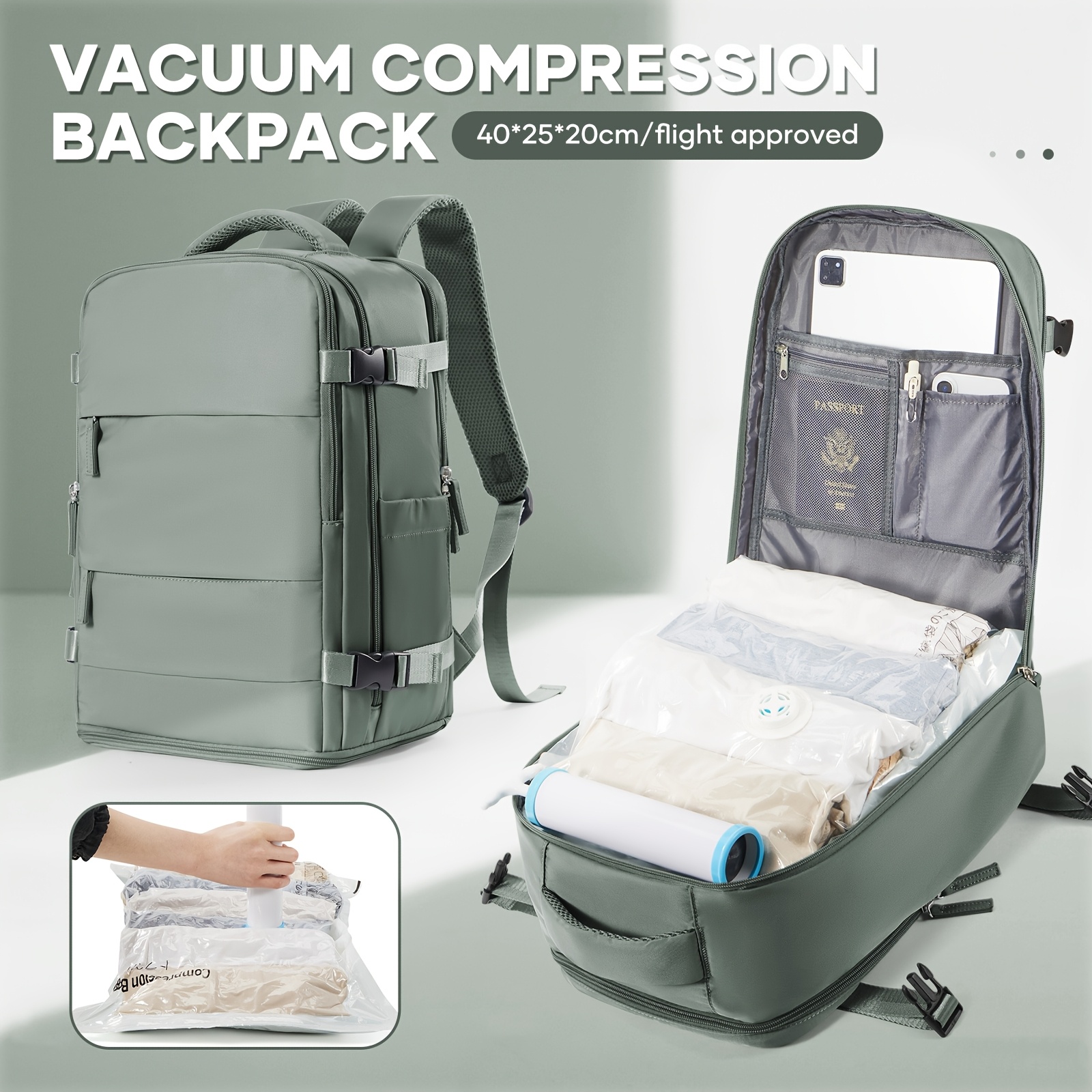 Bolso de Duffel para viaje, bolso de luggage 40*25*20, aprobado para vuelos, multifuncional, bolso de espalda para mujeres, bolso de compresión al vacuum con pulverizador al vacuum, artifato libre, reducción de espacio al 50%, combinación con esentiales para viaje familiar - Imagen 3