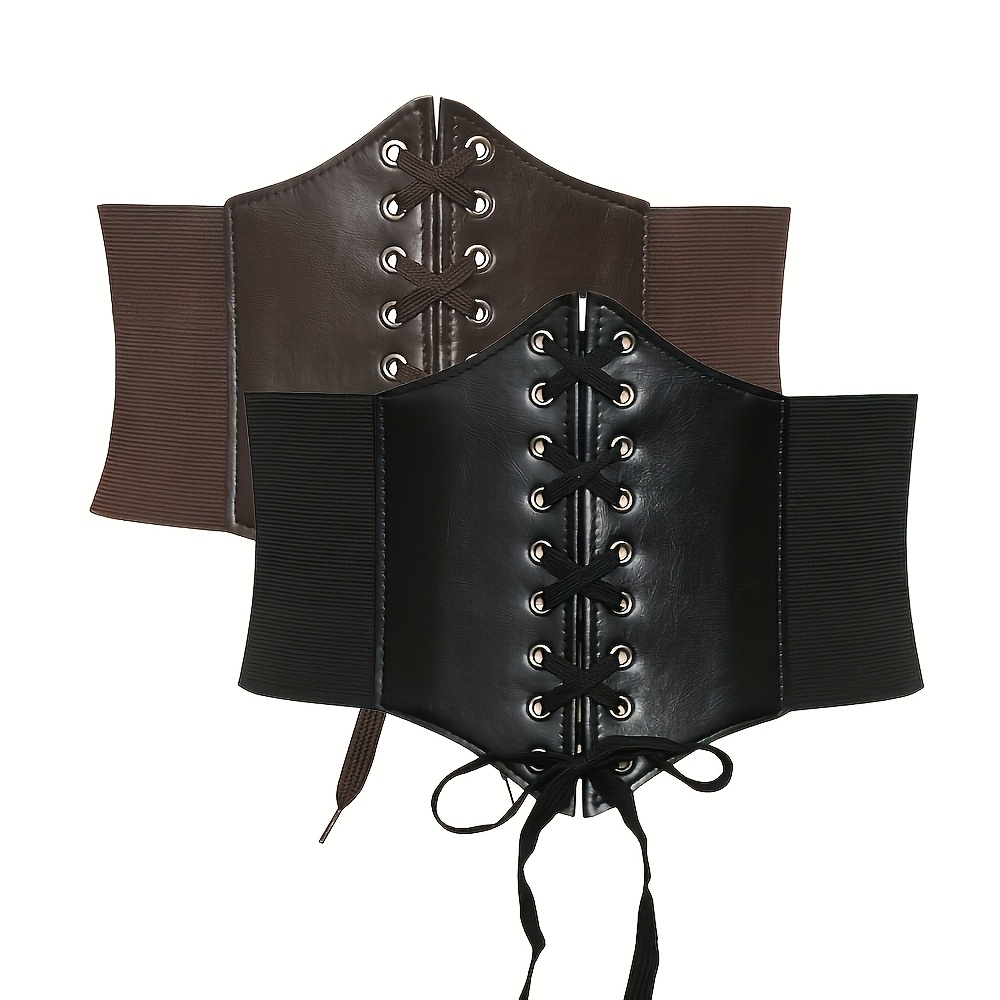 TEMU 2pcs Women's Wide Waist Cincher Belt Suitable For Dresses & Blouses, Retro Y2k Solid Color Corset Belt With Tie, Elastic Waistband For Wedding,,