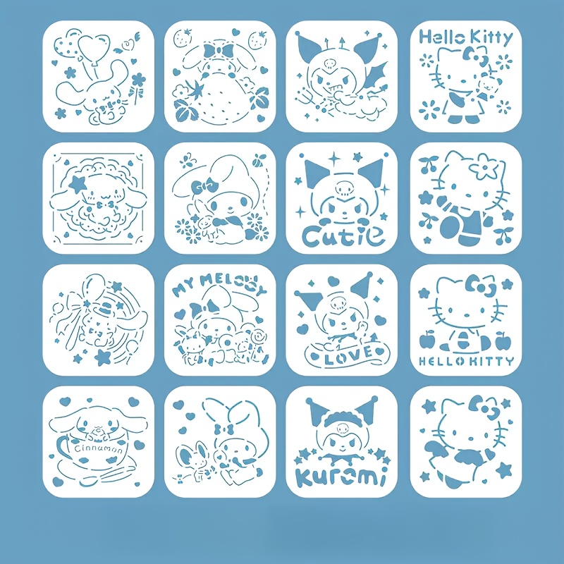 E-shop 16er-Pack Sanrio-Charaktere Zeichenschablonen - Hohlraum-PET-Vorlagen für Bleistift & Ölgemälde, Wiederverwendbare und Langlebige Schablonen mit