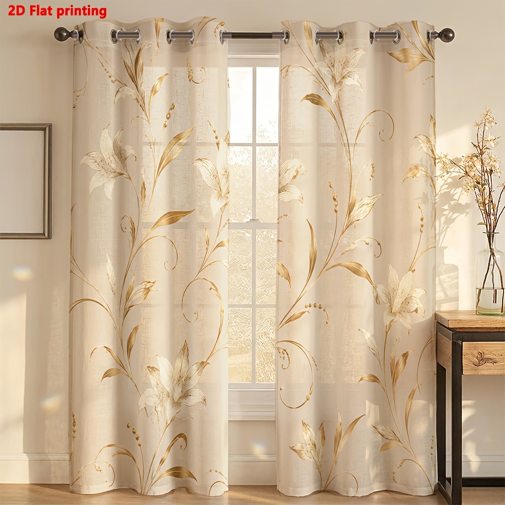 Image of 2d Flat - 2d Flat 2pcs Curtains Elegant Floral Print For Living Room Home Decor Light Luxury Minimalist European Style, Suitable For Living Rooms, Bedrooms, Study Rooms, And Home Decoration