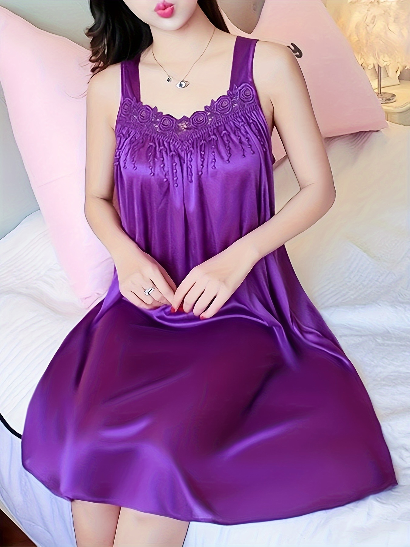 Plus Size Women's Sexy Sleeveless Spaghetti Strap Sleep Dress - Lightweight Ice Sliky Fiber Mid-Length Nightgown, Vibrant Red Non-See-Through Summer Pajama & Lounge Wear