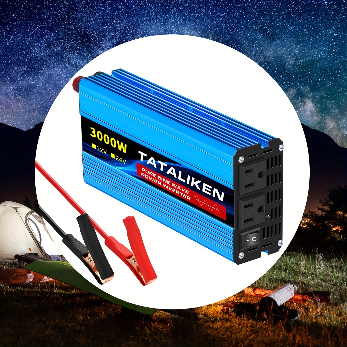 

3000w Pure Sine Inverter, 12v/24v To Ac 110v 60hz Converter With Socket, Blue - Includes Copper-colored Terminals And Protective Red Fuse