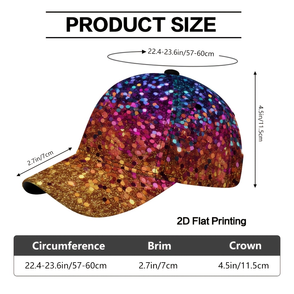 TEMU 1pc 2d Flat Printing A Baseball Featuring Colorful Circular Glitter Dots Pattern, Suitable For Outdoor Sports, Adjustable For , And Designed To