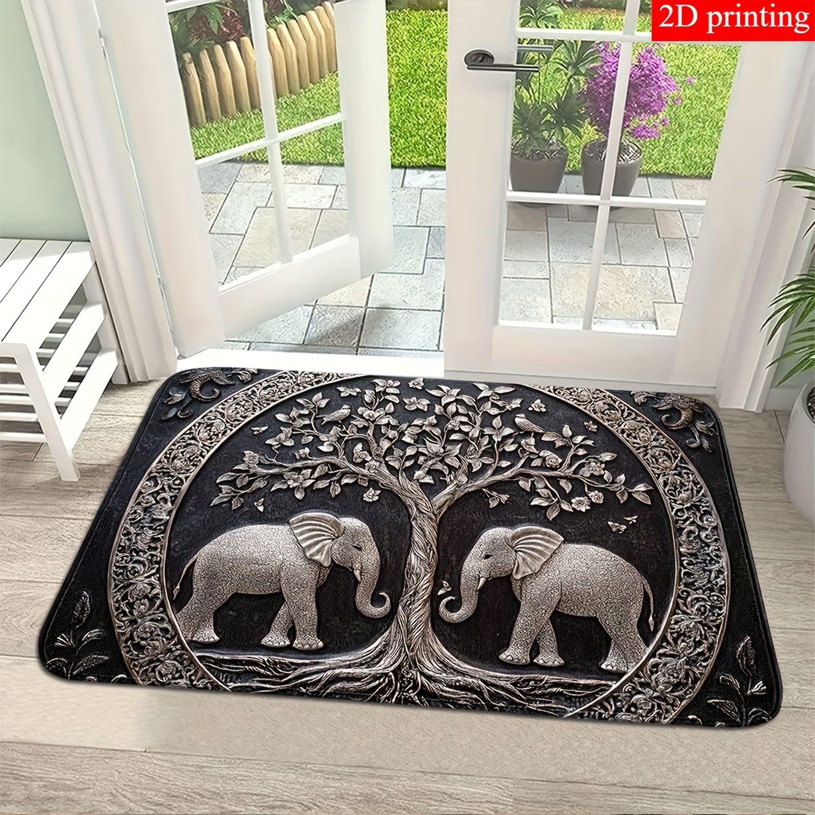 TEMU 2d Flat 1 Vintage Welcome Mat | Elephant Doormat For Outdoor/indoor/porch/home Courtyard, Semicircular Shape, Polyester, Machine Made By
