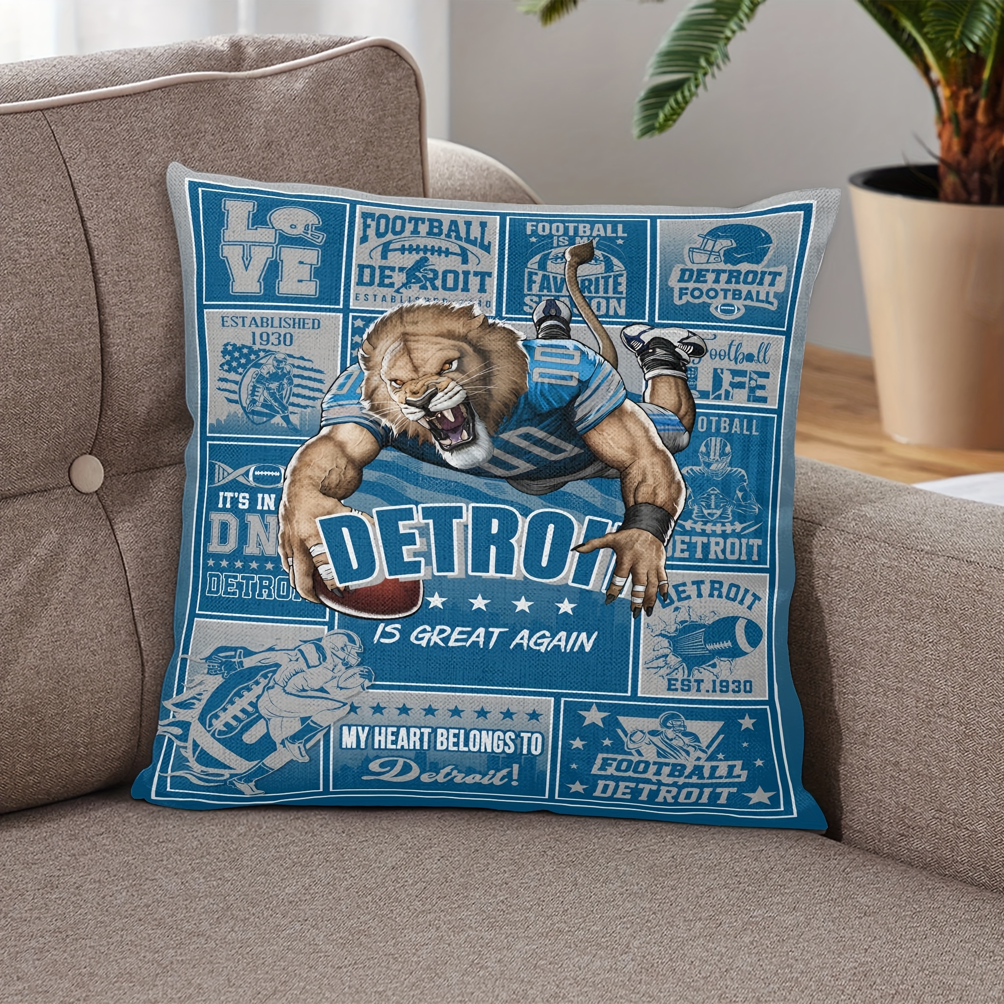 

Detroit Sports Dream: Soft 18x18 Inch Football-themed Throw Pillow Cover - Perfect Gift For Sports Enthusiasts, Machine Washable, Zip Closure, Polyester, Bottom,