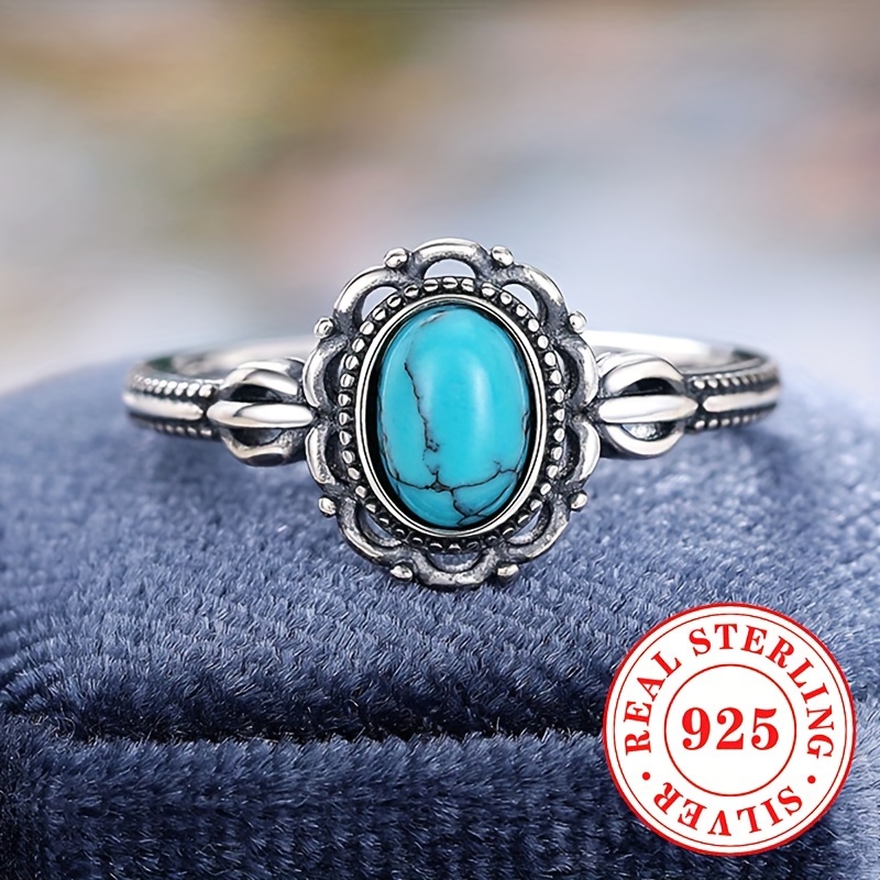 

S925 Sterling Silver Vintage Ring, Bohemian Vacation Style Artificial Turquoise Decor Ring Jewelry Gifts For Women, Daily Party Casual Wear