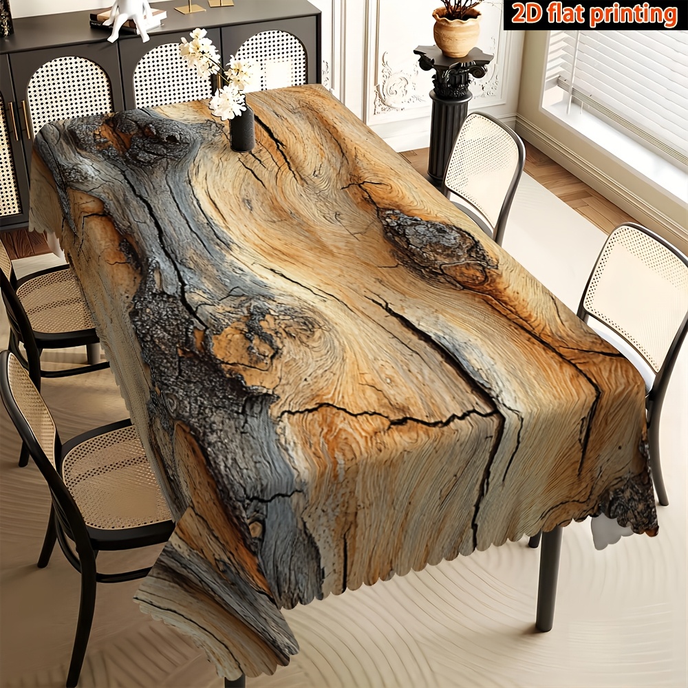 TEMU 1pc 2d Flat Beautiful Wood Grain Texture Decorative Rectangular Tablecloth, With Fan-shaped Edges Fabric, 120g/m2 Thickened Twill Material,