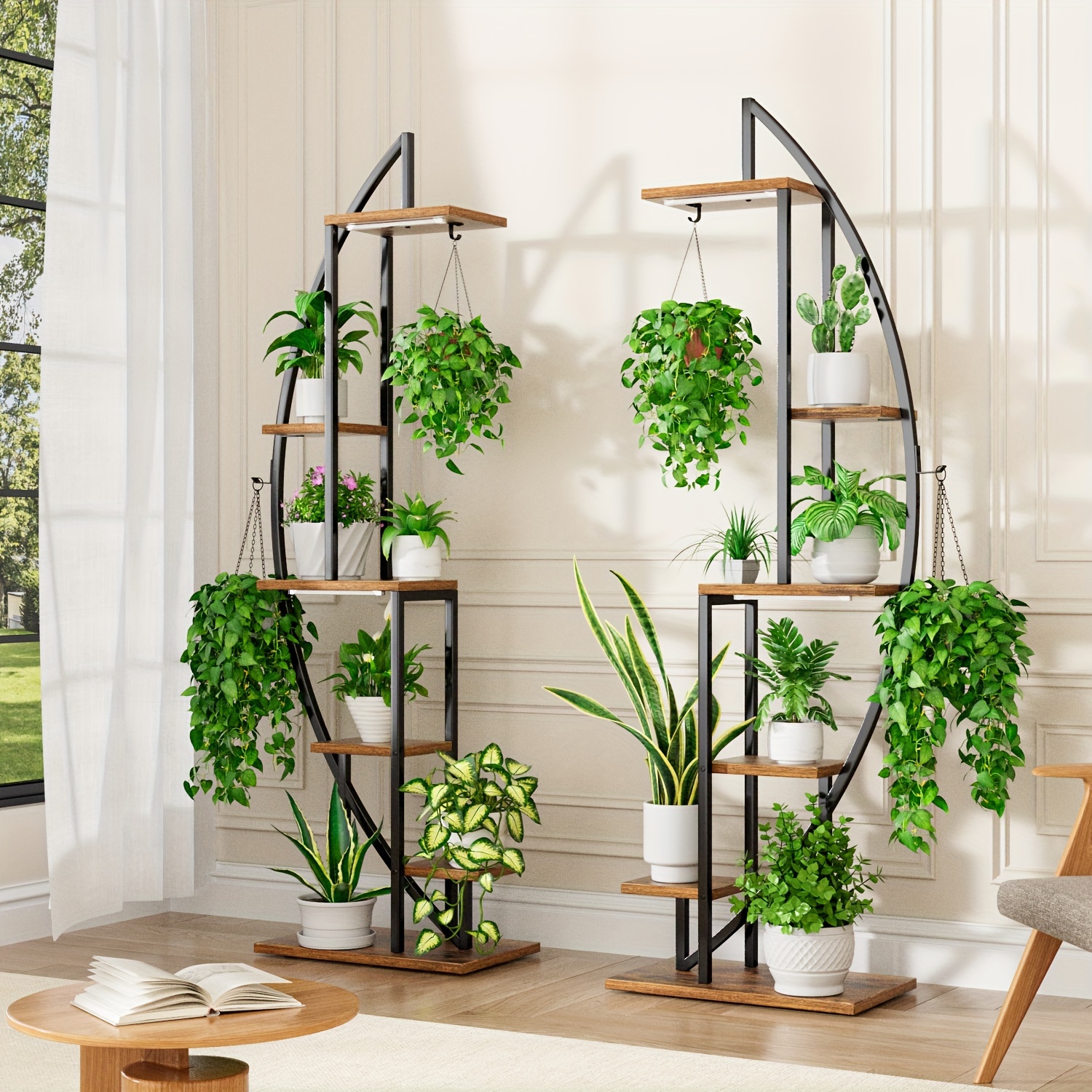 

2pcs 63" Half-moon Indoor Plant Stands With Full- Grow Lights - Multi-tier Metal Display Shelves For Plants, -