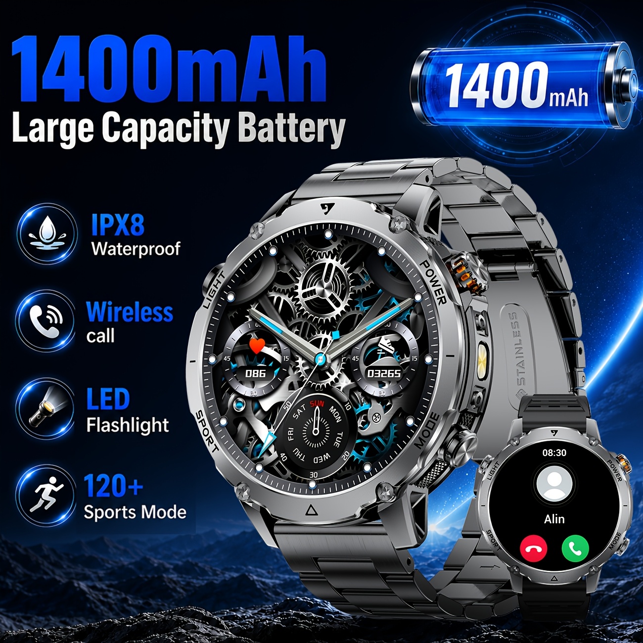 Image of Siemorl Smart Watch For Men 1400mah 60-days Battery, 1.85-inch Hd Smartwatch With Led Flashlight, 100 Mode, Ipx8, Pedometer, Fitness Watch For Iphone