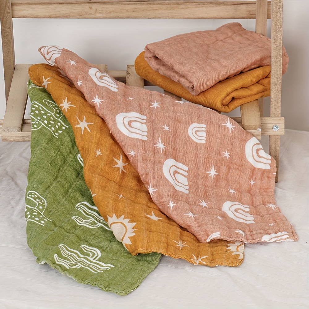 

5pcs/set Bamboo Cotton Muslin Face Towels, Rainbow Print Soft Bowels Burp Cloths