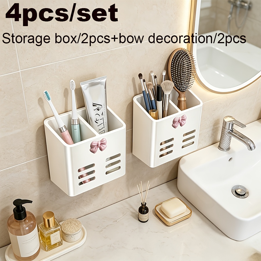 TEMU 4pcs Set Multi-functional Wall-mounted Cosmetic Organizer, Bathroom Storage Rack - No-drill Adhesive Installation, Plastic Modern , Suitable For