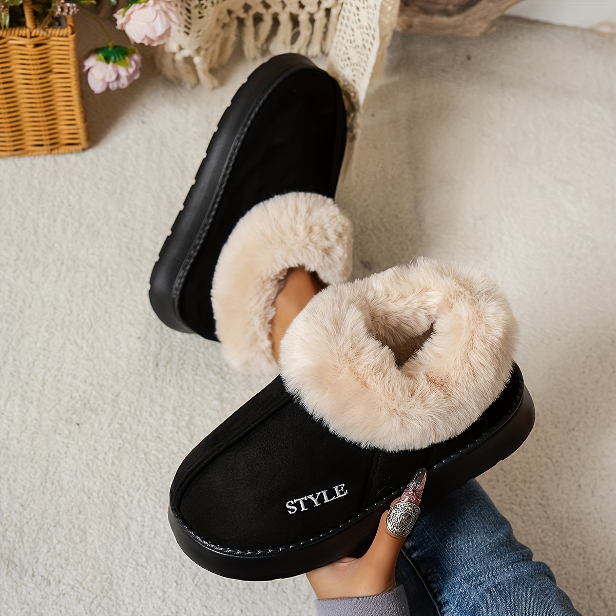 TEMU Unisex Comfortable Shoes | Cozy And Warm, Home And Outdoor Use, Spring To Autumn Wear, Solid Color Fleece Design, , Casual And Versatile, Unisex