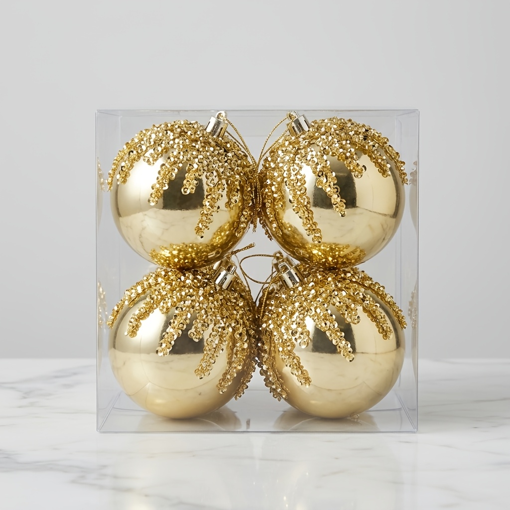 TEMU 4pcs Shatterproof Plastic Golden Glitter Christmas Ball Decoration Ornament, 8cm/3.15inch Christmas Tree Hanging Ornament Christmas Ball Set