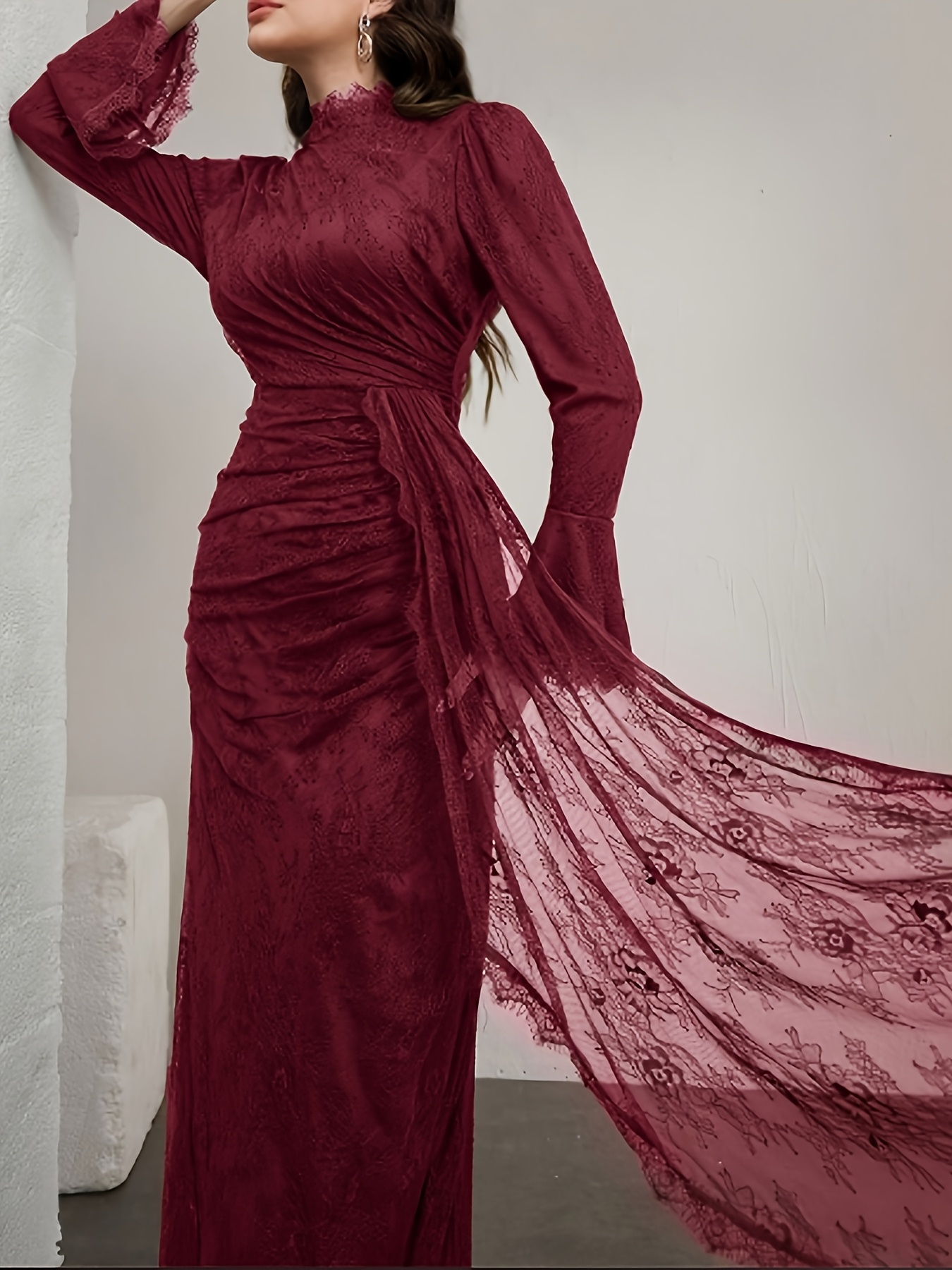 elegant long sleeve lace dress with ruffle neckline and belted waist stand collar long length suitable for     Product details 9