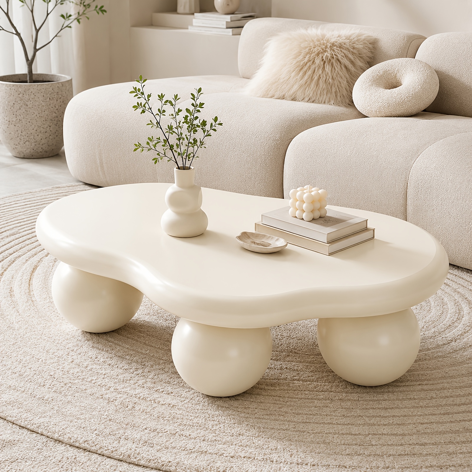 Coffee Table, Cloud-shaped Coffee Table, Modern Irregular Oval Table With 3 Bases, Cream/black Coffee Table, Suitable For Bedroom, Apartment, Living Room