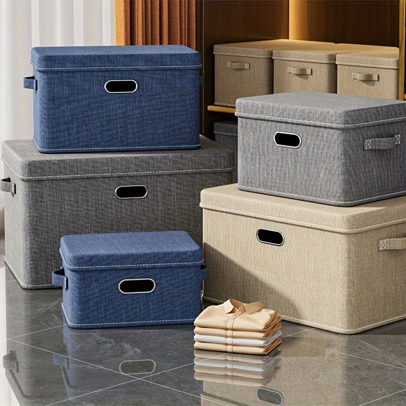 

2pc High Quality Large Linen Fabric Foldable Storage Bins With Removable Lid And Handles Washable Storage Box Organizer Containers Baskets Cube With Cover For Bedroom Closet Office Gray