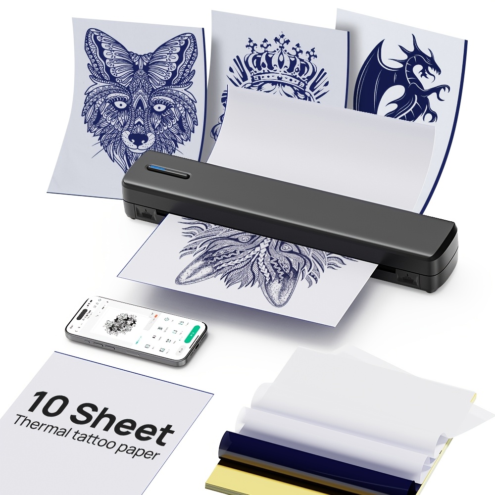 TEMU Portable Tattoo Thermal Printer, Wireless & Usb Dual Connection, 300dpi High-definition Inkless Printing, 10 Tattoo Thermal Papers Included, For
