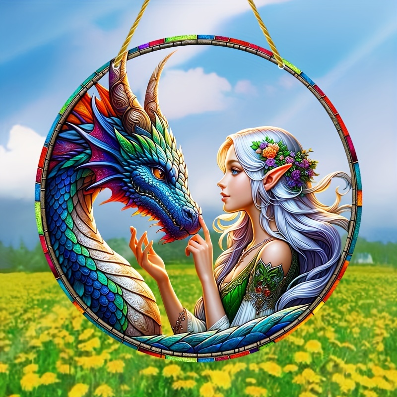 

Elf & Dragon Sun Catcher - Colorful Glass-style Acrylic Wall Decor, 5.9" Round Wreath Sign For Windows, Perfect All-season Gift