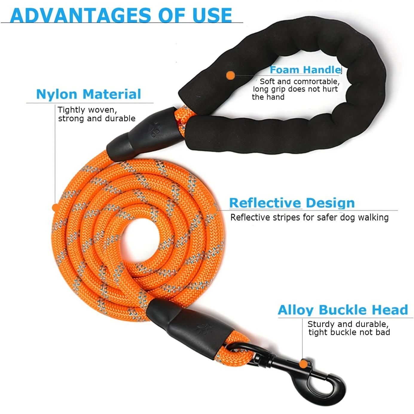 Dog Leash with Padded Handle and Reflective Threads for Small to Large Dogs, 4.11 ft, Multiple Colors