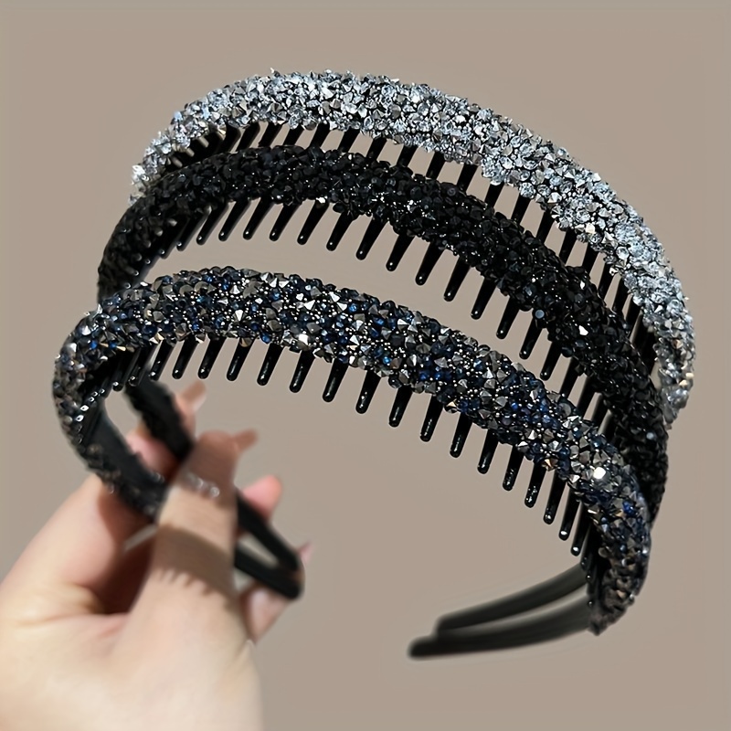Image of 3pcs Glitter Rhinestone Headband With Teeth Anti-slip Face Washing Special Headband Women's Broken Hair Finishing Artifact Versatile High-end Headband Headwear