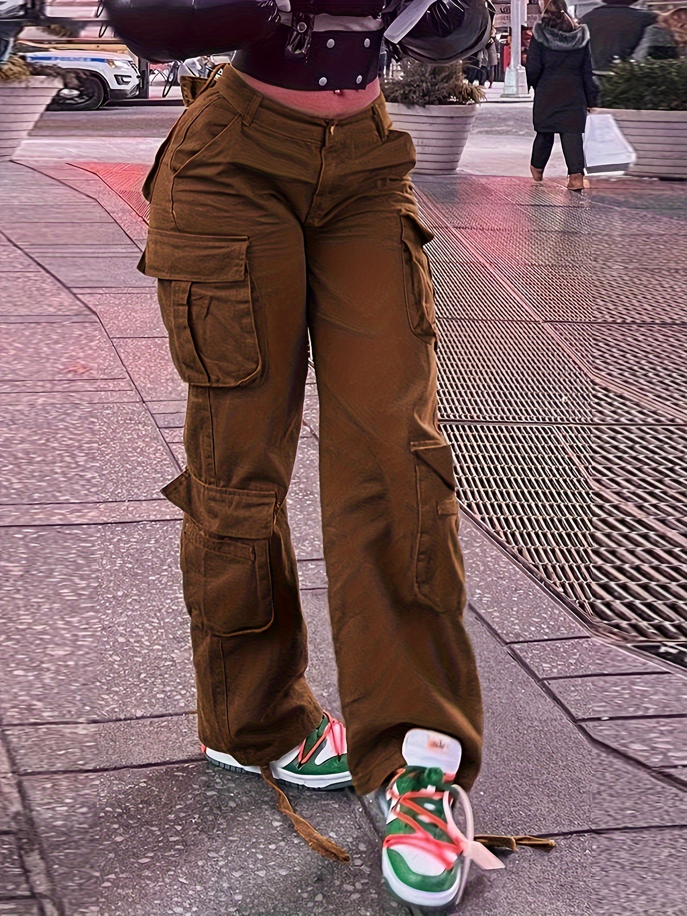 Women's *-Waisted Cargo Jeans with Flap Pockets Straight Wide Leg Casual  Baggy Boyfriend Denim Streetwear Pants Machine Washable Com