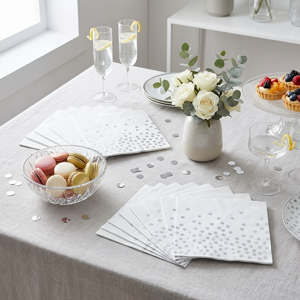 Image of A 25pcs Set, Silvery Polka Dot Themed Party Disposable Tableware And Party Napkin Set, Including 25 Napkins For Party Supplies For Halloween、christmas