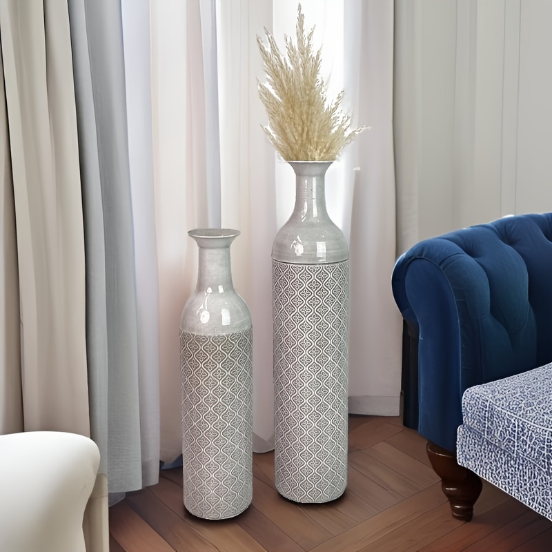 

2pcs Set Of Extra Tall Metal Vases, 21.7/27.6 Inches - Rustic Grey With Geometric Patterns, Ideal For Living Room & Bedroom Decor, Vases For Accent, Vases Home Decor