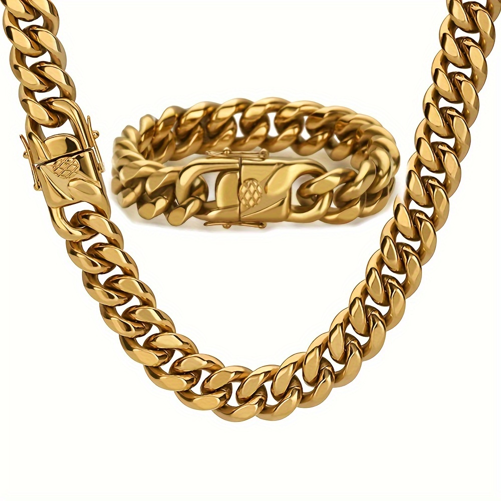 

2pcs Men Cuban Link Chain Set Plated Stainless Steel 12mm Curb Lock Bracelet Necklace Chains Set