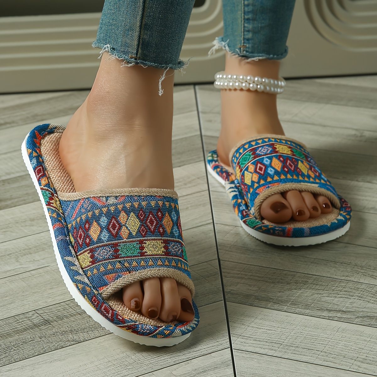 Image of Bohemian Ethnic Style Women's Slippers, Indoor House Slippers For Women, Couple's Slippers, Women Shoes