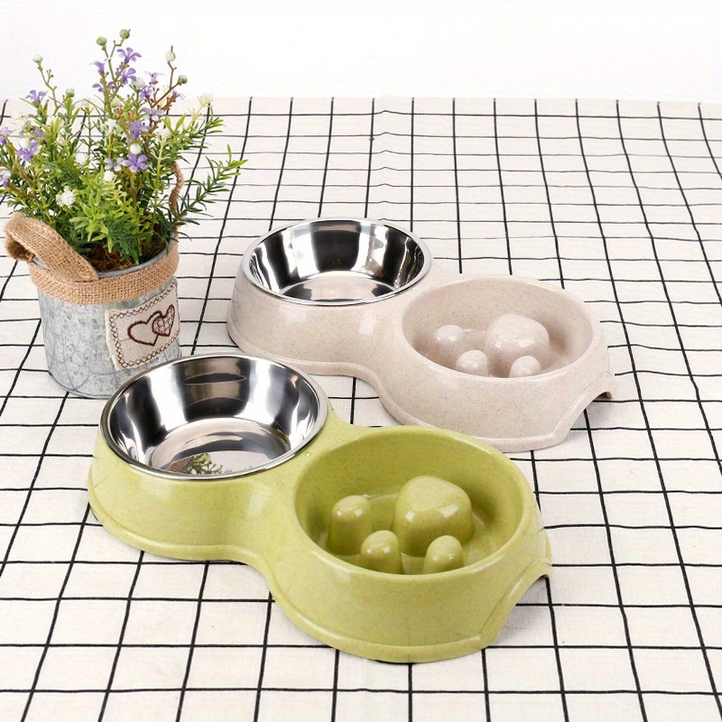 2 in 1 stainless steel slow feeder water bowl for dogs anti choke non slip pet dish with paw print design pink green plastic base for food   bowl slow feeder pet feeding station durable pet material Product details 0