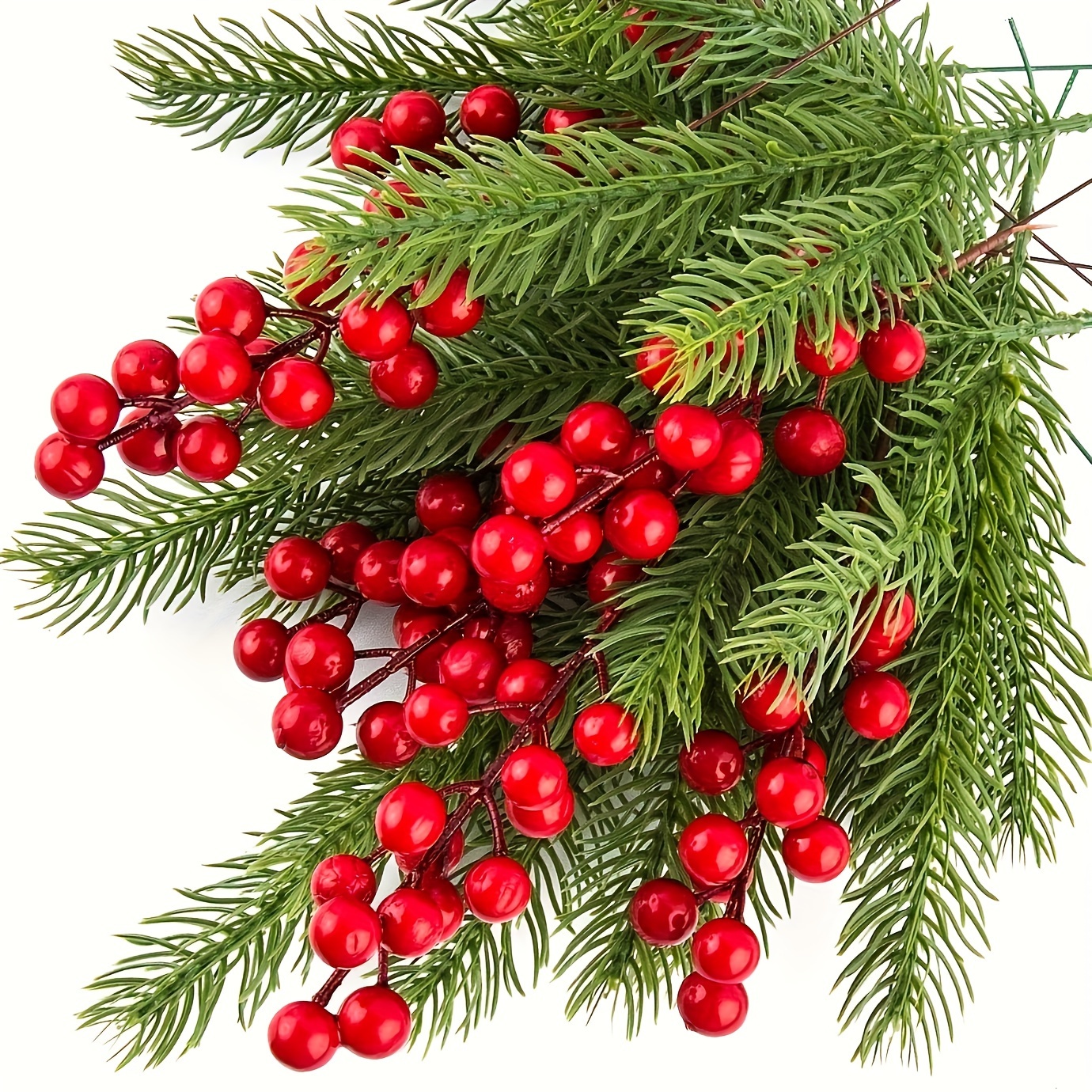 

20pcs Christmas Artificial Pine With Red Berries - Greenery For Diy Wreaths, Crafts & Home Holiday Decor