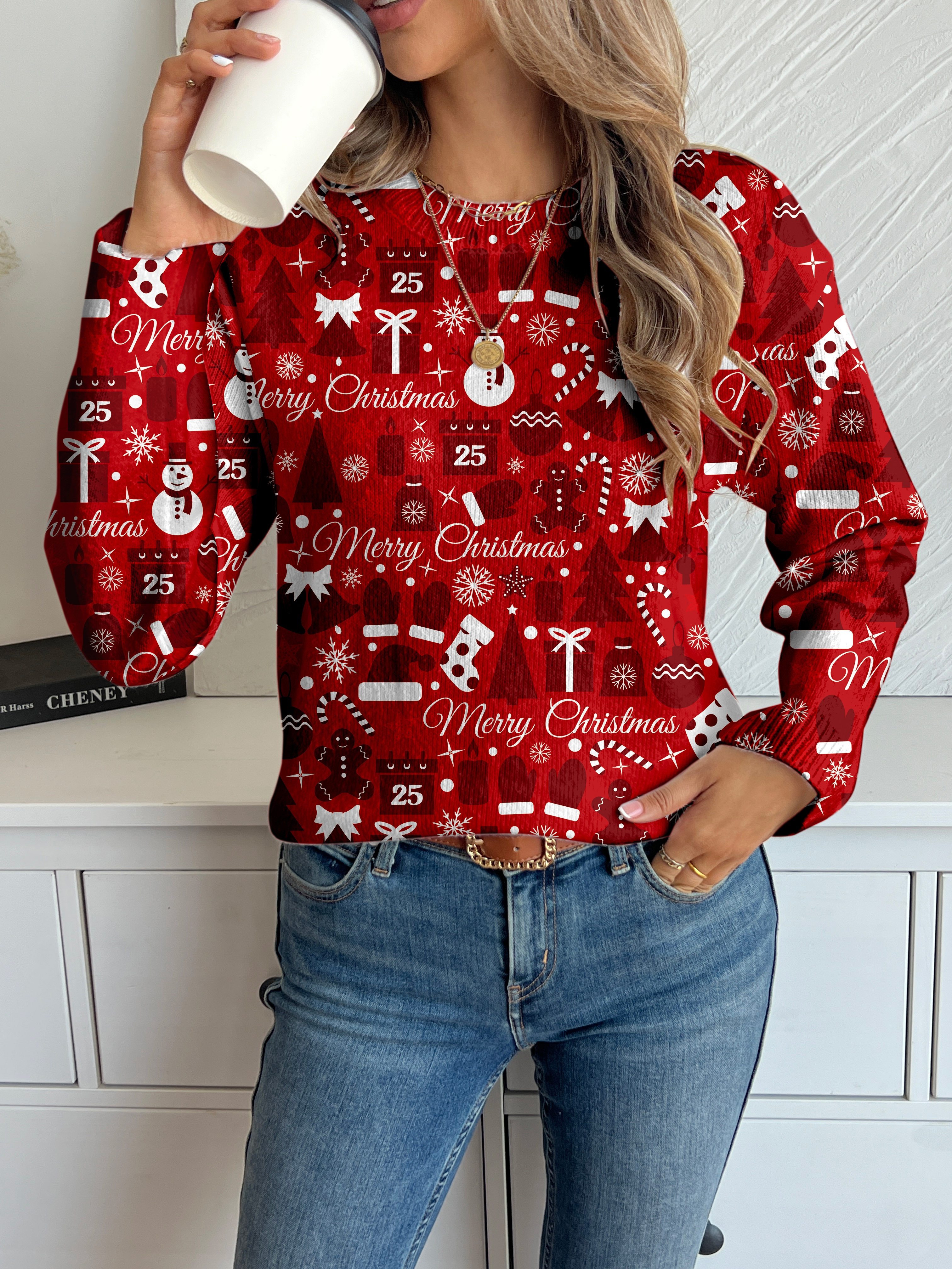 Women's Elegant Christmas Sweater, Round Neck Knit Pullover with Full-Print  Pattern, Polyester Fabric, Regular Fit, Long Sleeves, No Belt