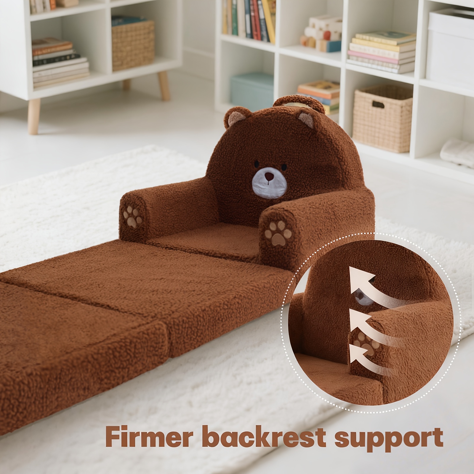 Kids Sofa 2-in-1 Convertible Kids Couch Fold Out Lounger Soft Sherpa Kids Chair High-Density Foam Sofa Cute Brown Bear Playroom Nursery Furniture for Boys Girls Room Decor