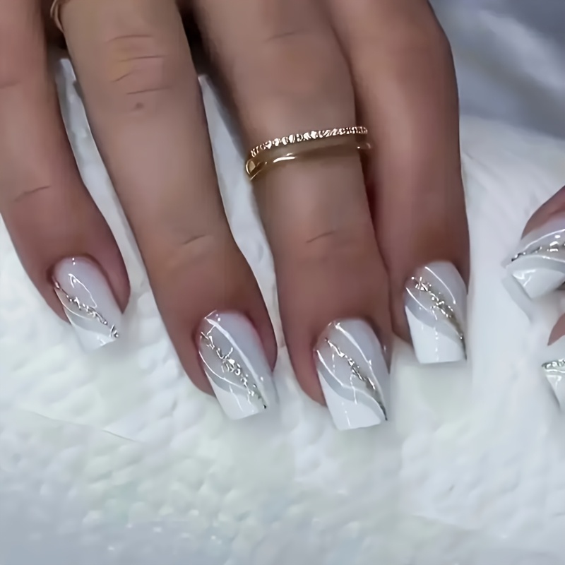 Image of 24pcs Medium Square Elegant White Striped Glitter Nails - Glossy Surface, Sparkling Accents, Ideal For Weddings And Formal Events, Additions Nail File Gel