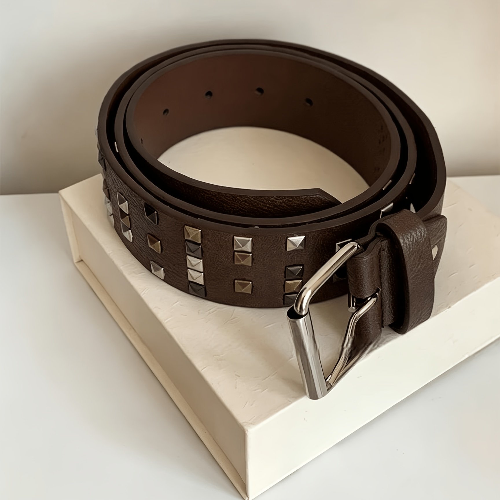 Unisex Distressed Brown Rivet Belt for Hip-Hop Style