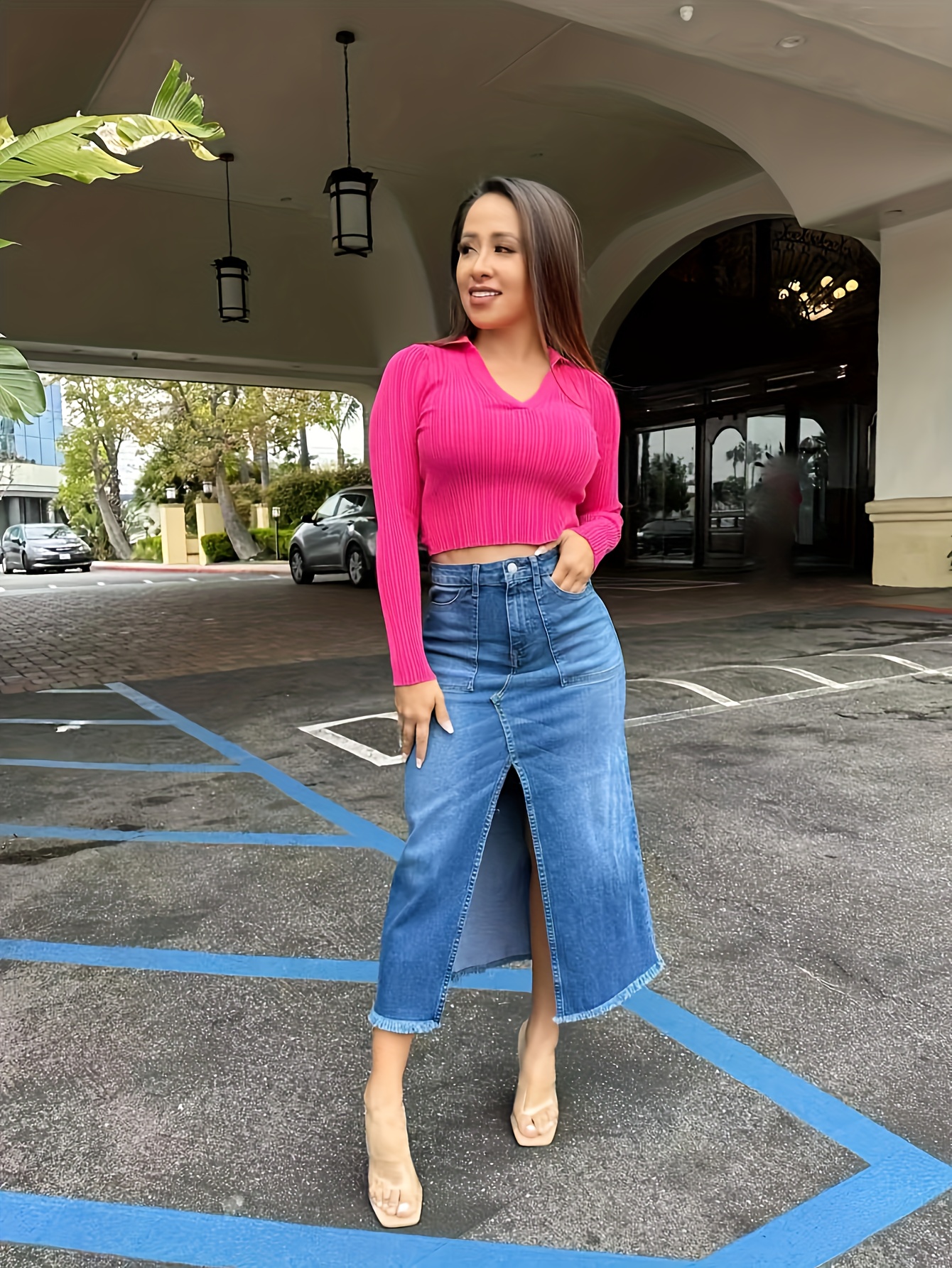 busted hem denim midi skirt