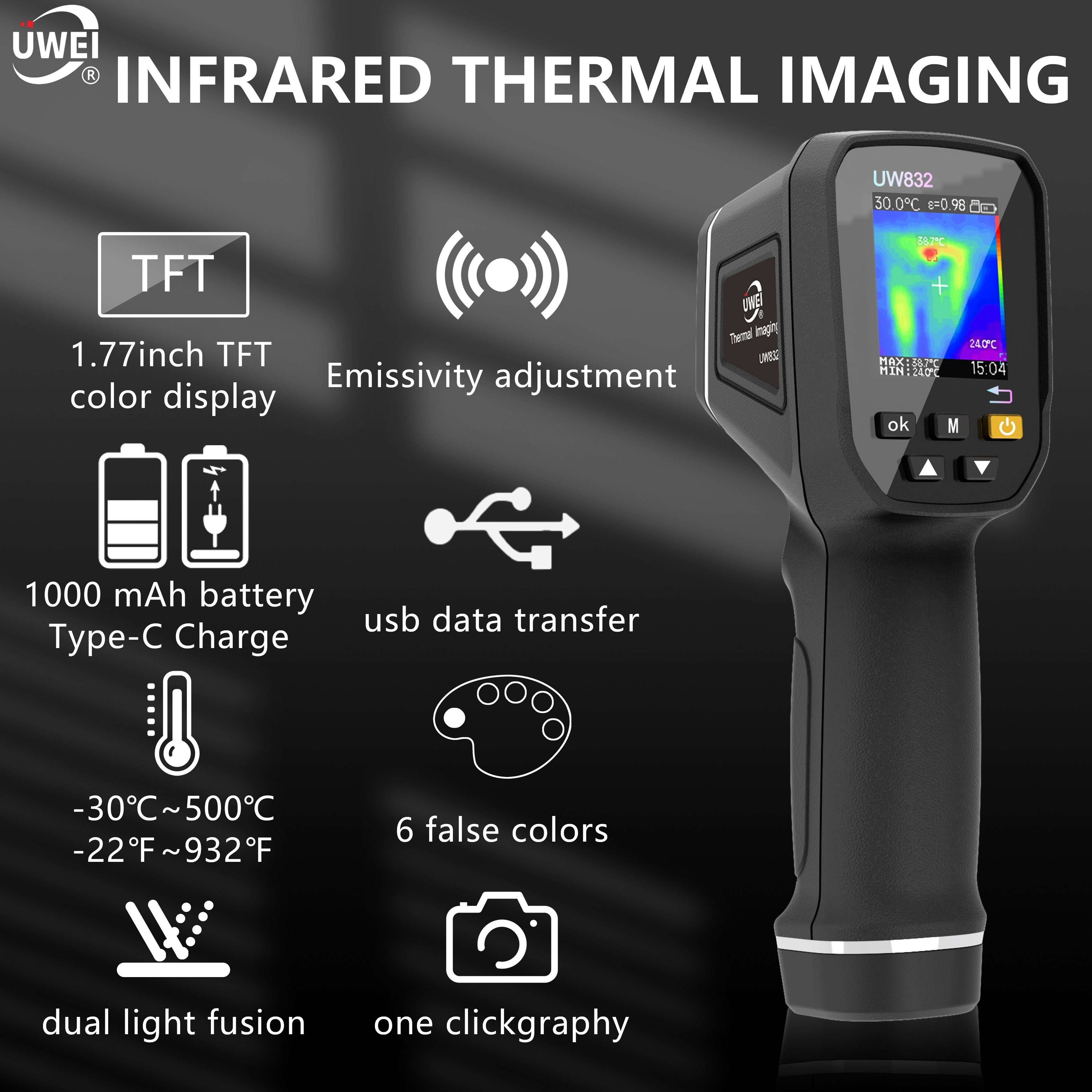 

Uwei Handheld Infrared Thermal Imaging Camera, Ir , 30000 Pixels, Digital Display, Adjustable , Rechargeable Lithium Polymer Battery, Usb Interface, 8gb Storage, For Electrical & Construction Use