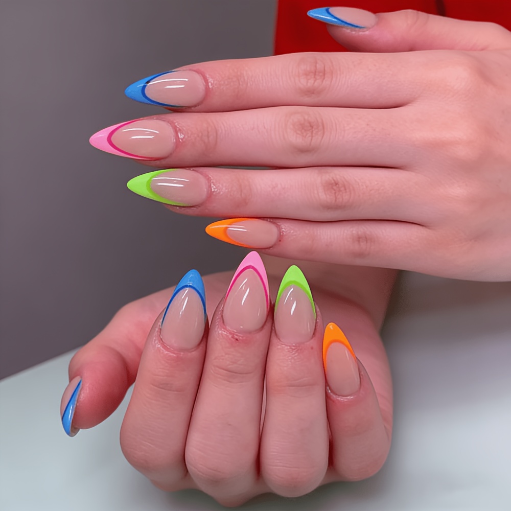 TEMU 24pcs Summer Medium Almond Neon Colorful French Tip Press On Nails With Multicolor Neon French Tips