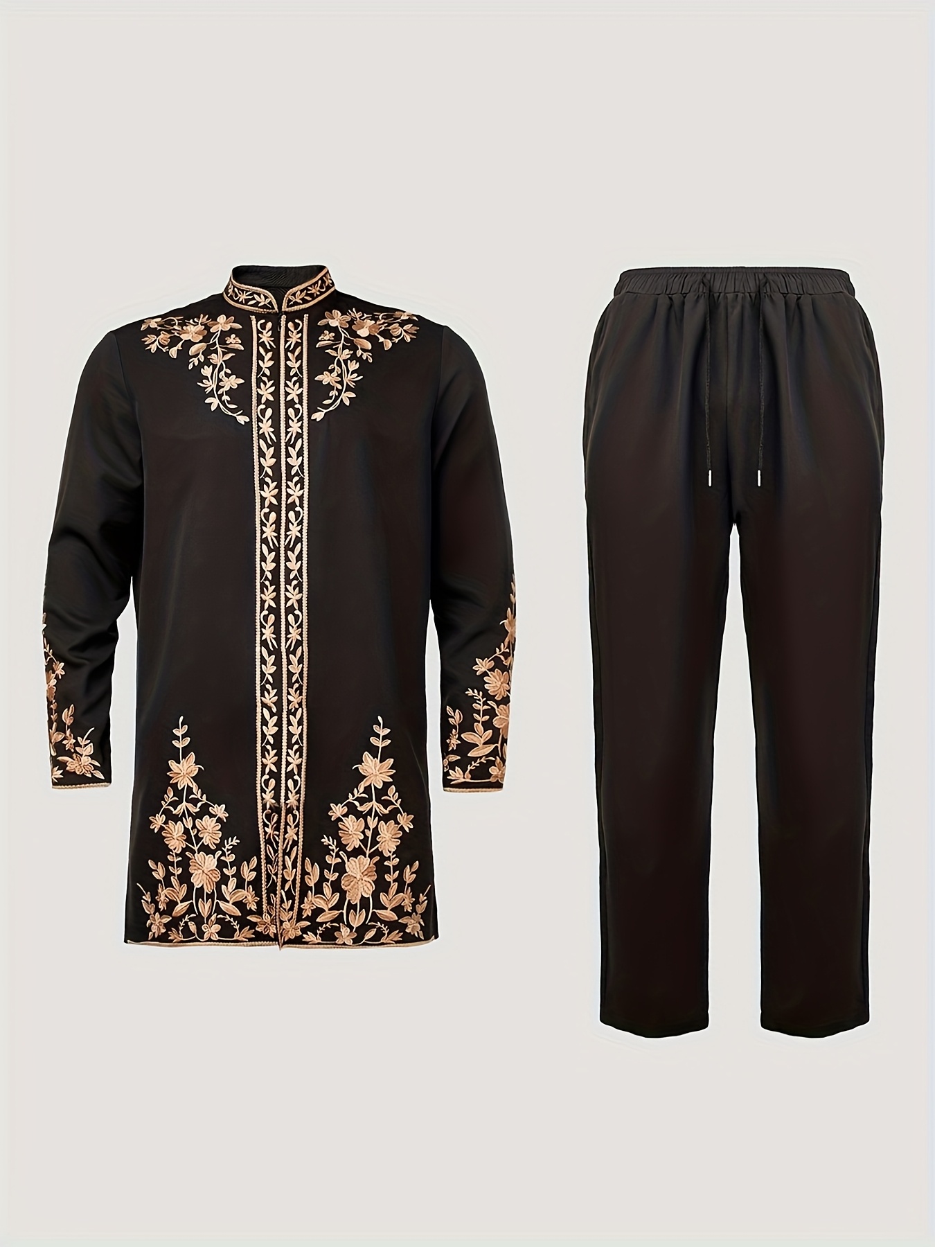 Men's Suit Set New for All Seasons, Long Sleeve, Stand Collar, Embroidered Pattern, Zipper Top + Drawstring Elastic Waist Pants 2pcs Set, Suitable for Daily Casual, Formal Occasions, Vacation, Dating, Wedding, Street Outings, Festival Celebrations
