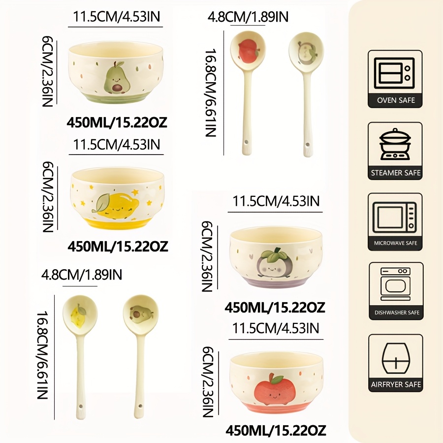 Image of 8pcs Lovely Ceramic Bowls Set - Bowls With Spoons, Rice Bowl, Suitable For Salad, Oatmeal, Noodles, Soup, Dessert, Dishwasher Safe, /lemon/avocado/mangosteen
