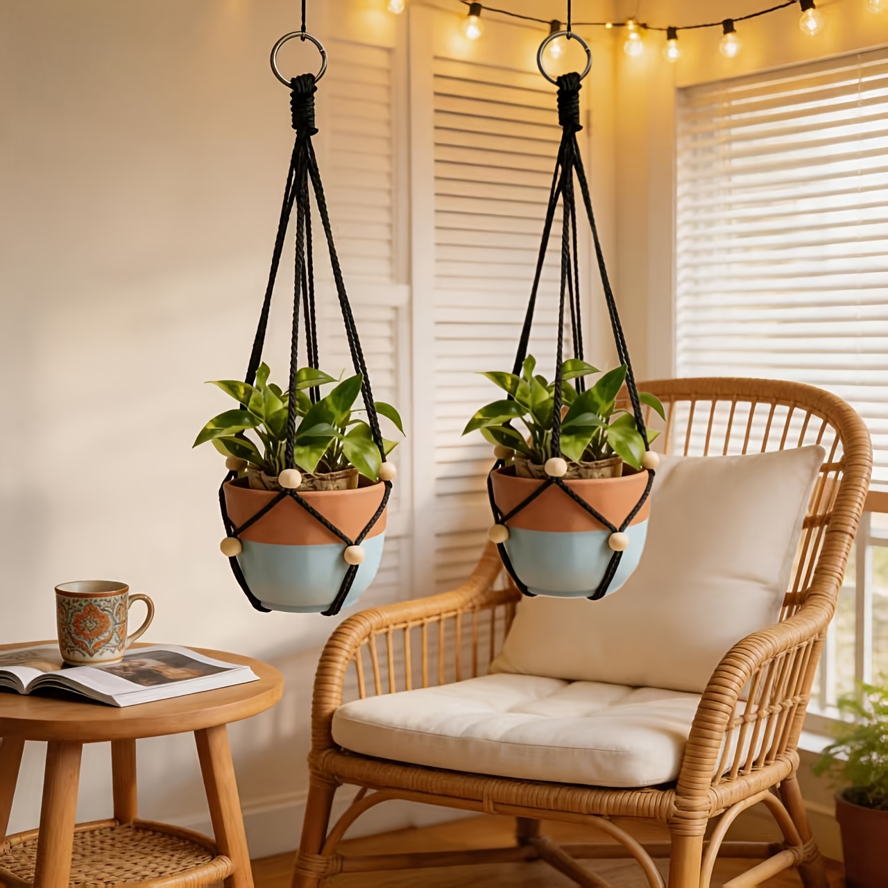 Image of 2pcs Artilady Black Hanging Planter For Indoor Plants Macrame Plant Hanger Large Hanging Plant Holder Basket With Adjustable Beads Outdoor Window Boho Plant Wall Decor