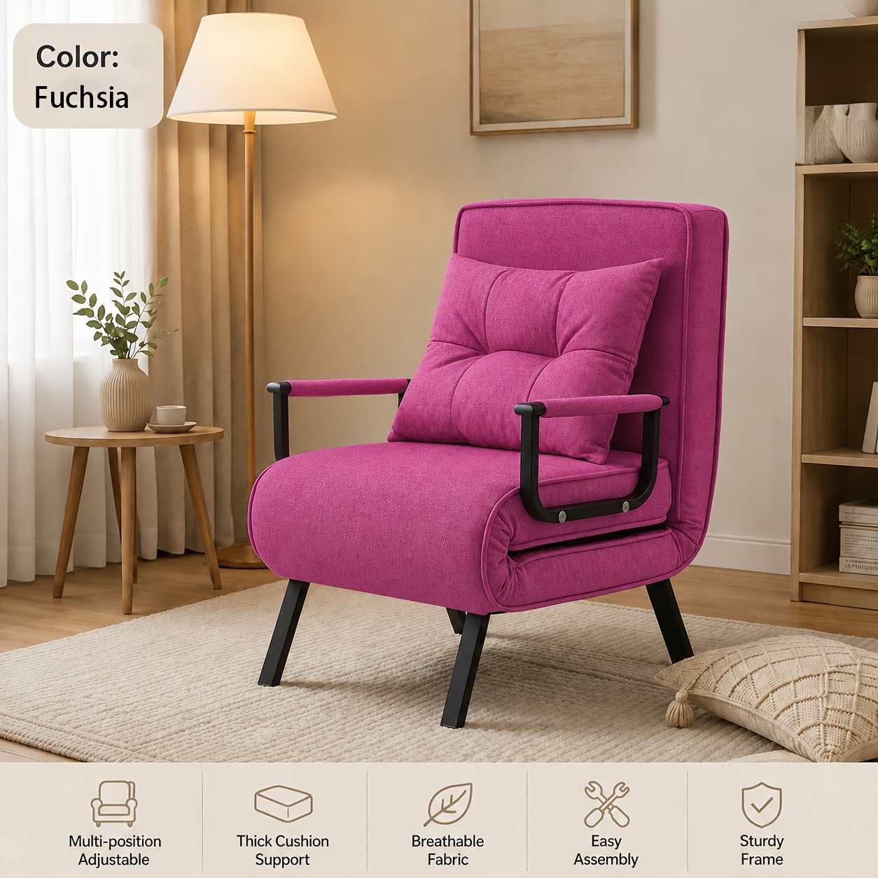 Image of Convertible Sofa Bed, Single Sleep Chair With 5 Adjustable Backrest, Removable Pillow And Upholstered Seat, Sturdy Metal Frame, Folding Chaise Lounge Couch For Home And Office