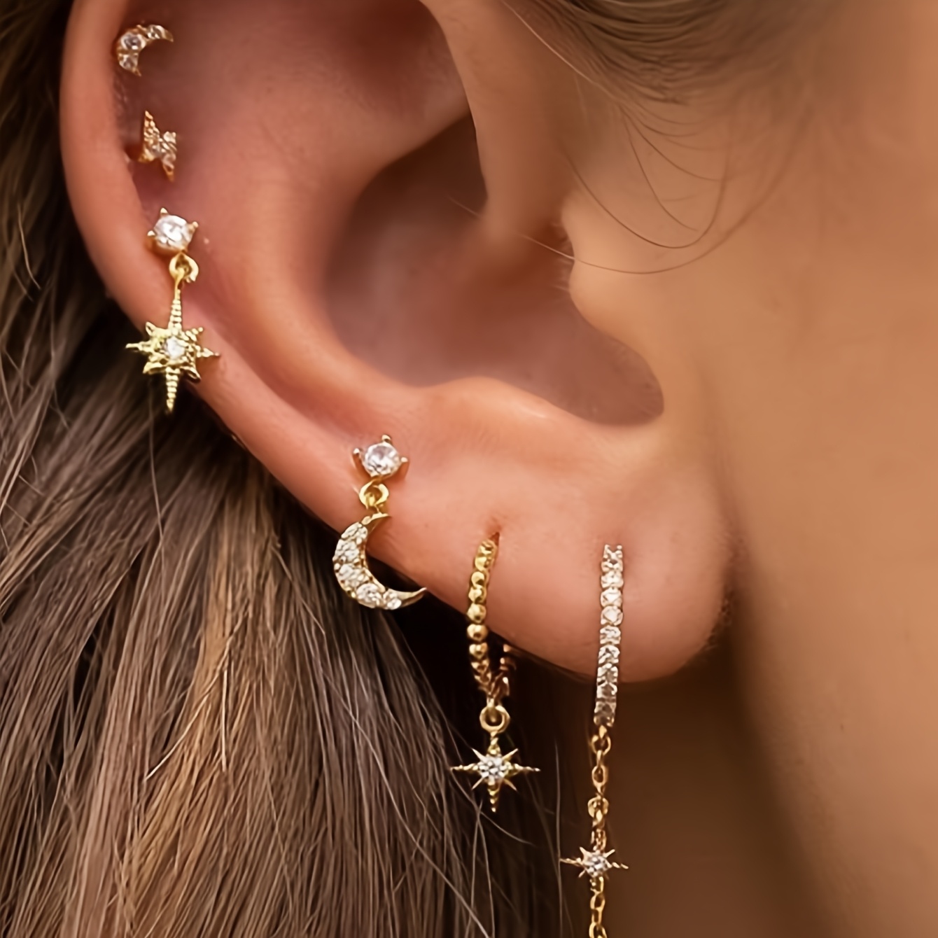 E-shop 6er-Set Exquisite Damen Ohrstecker, bezaubernde, niedliche, kleine, synthetische Zirkonia-Einlegearbeiten, Mond, , Blitz-Anhänger,