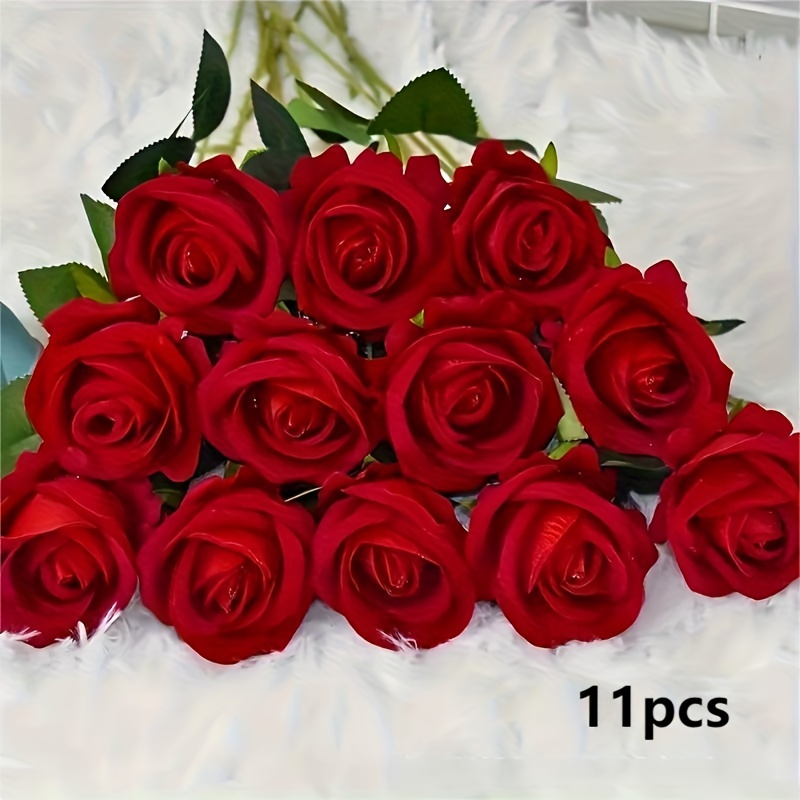 

11 Pcs Artificial Red Roses With Long Stems - Home Decor, Wedding, Valentine's Day, Or Christmas Gifts