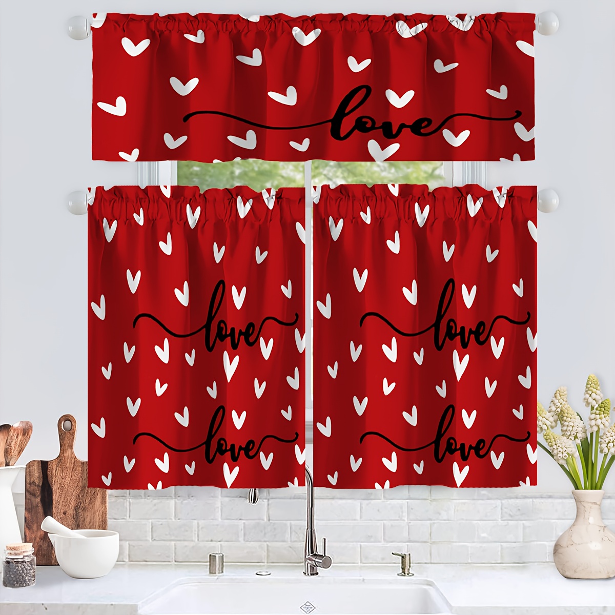 

1pc/2pcs Valentine's Day Polyester Window Valances, Love Rod Pocket Curtains, Short Topper Drapes For Kitchen, Cafe, Living Room, , Day, Anniversaries Decor