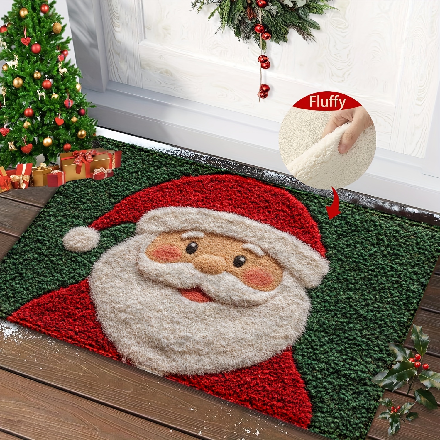 

1pc Santa Pattern Bathroom Non-slip Mat, Cashmere Microfiber, Bathroom Non-slip Mat, Christmas Decoration, Suitable For Many , Machine Washable, Fluffy Plush Winter Decoration, As A Gift